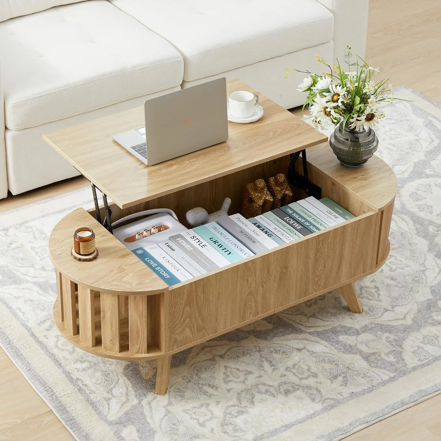 Lift Top Coffee Table with Hidden Storage, Small End Table with Curved Edge Design, Oval Center Table with Lift Tabletop