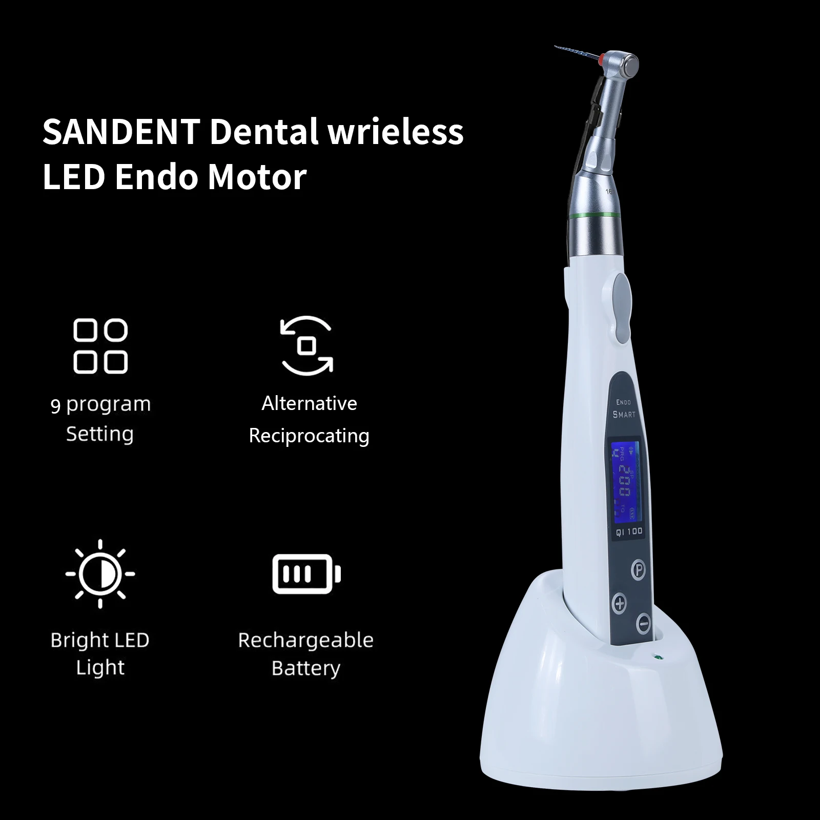 Wireless Dental Reciprocating Endo Motor Endodontic Handpiece with LED Rechargeable (9 Program Settings) for Root Canal Therapy