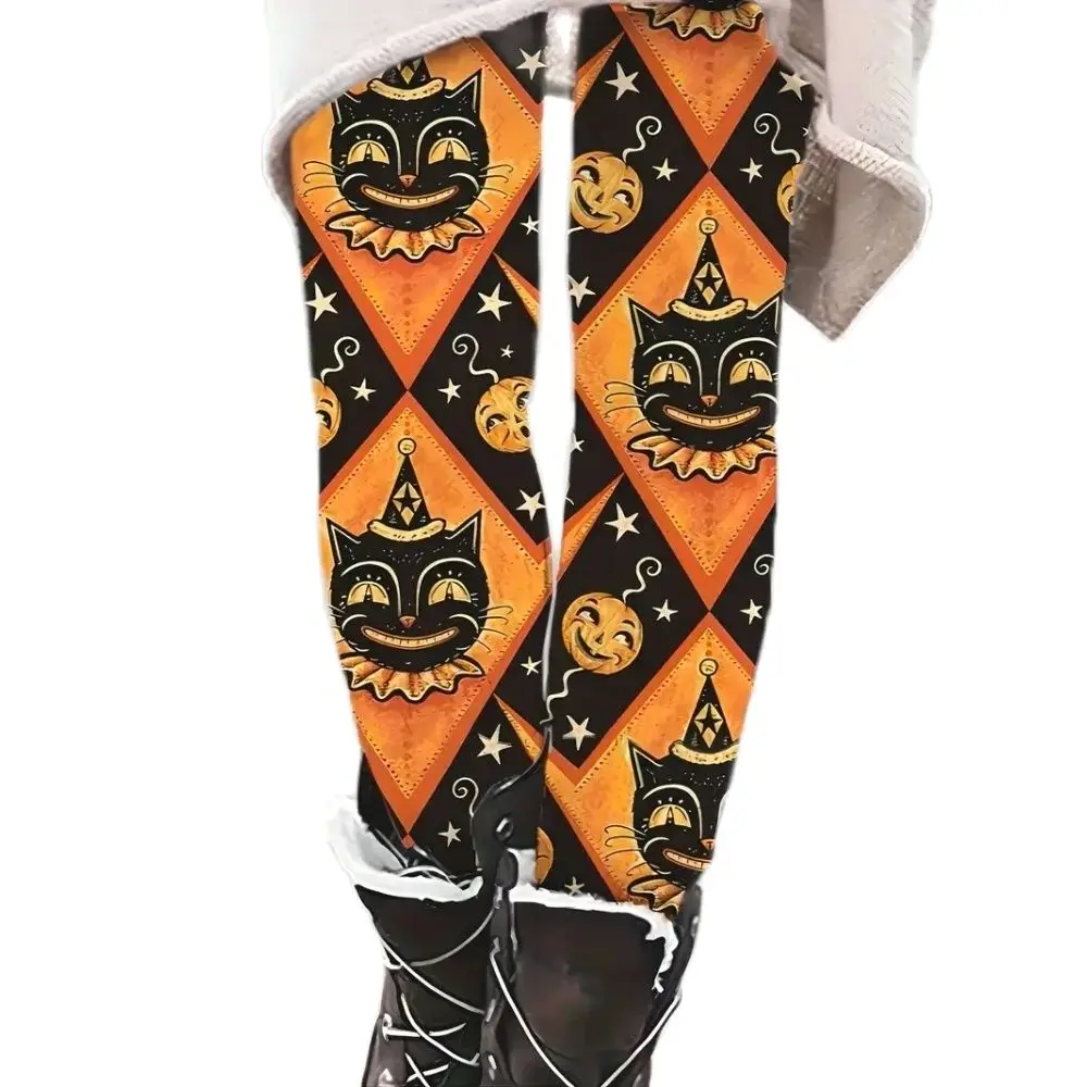 Halloween pumpkin print stretch elastic waist tight women\'s casual leggings festive atmosphere