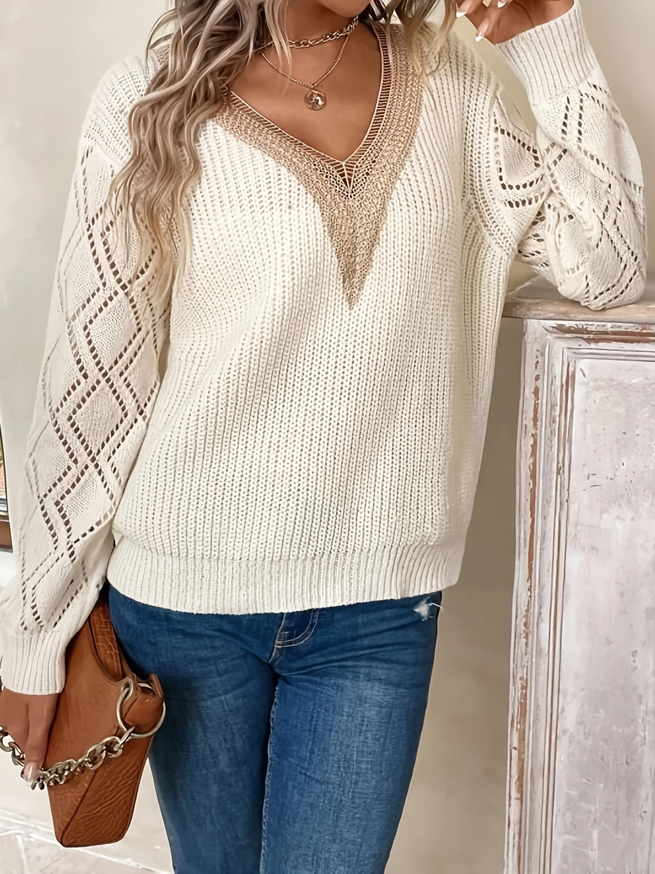 Solid V Neck Knitted Sweater, Hollow Out Long Sleeve Casual Sweater For Fall  Winter Women\'s Clothing