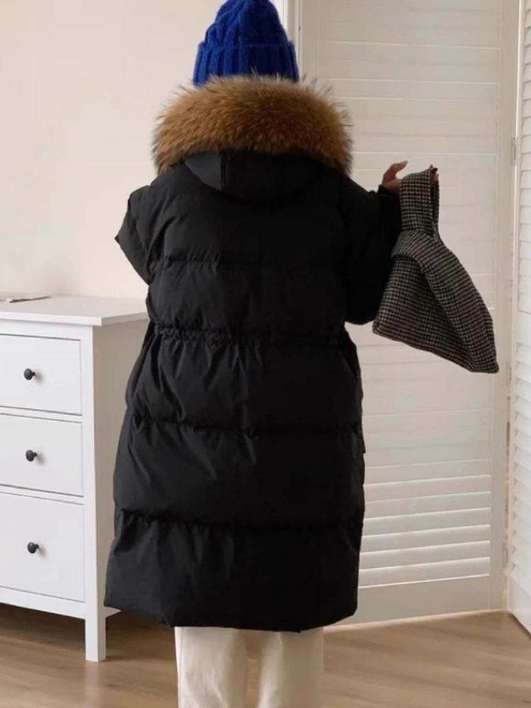 Super Big Fur Collar Down Jacket Women Winter Korean Loose Hooded Mid-Length Parkas Outwear Thicken Warm White Duck Puffer Coat