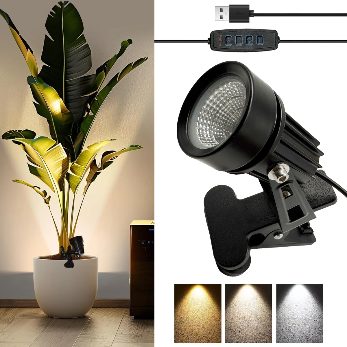 LED Clip Spotlight, Three-Color Lighting Spotlight, Suitable for Desktops, Desks, Billboards, Bedside Boards; Suitable for Decor
