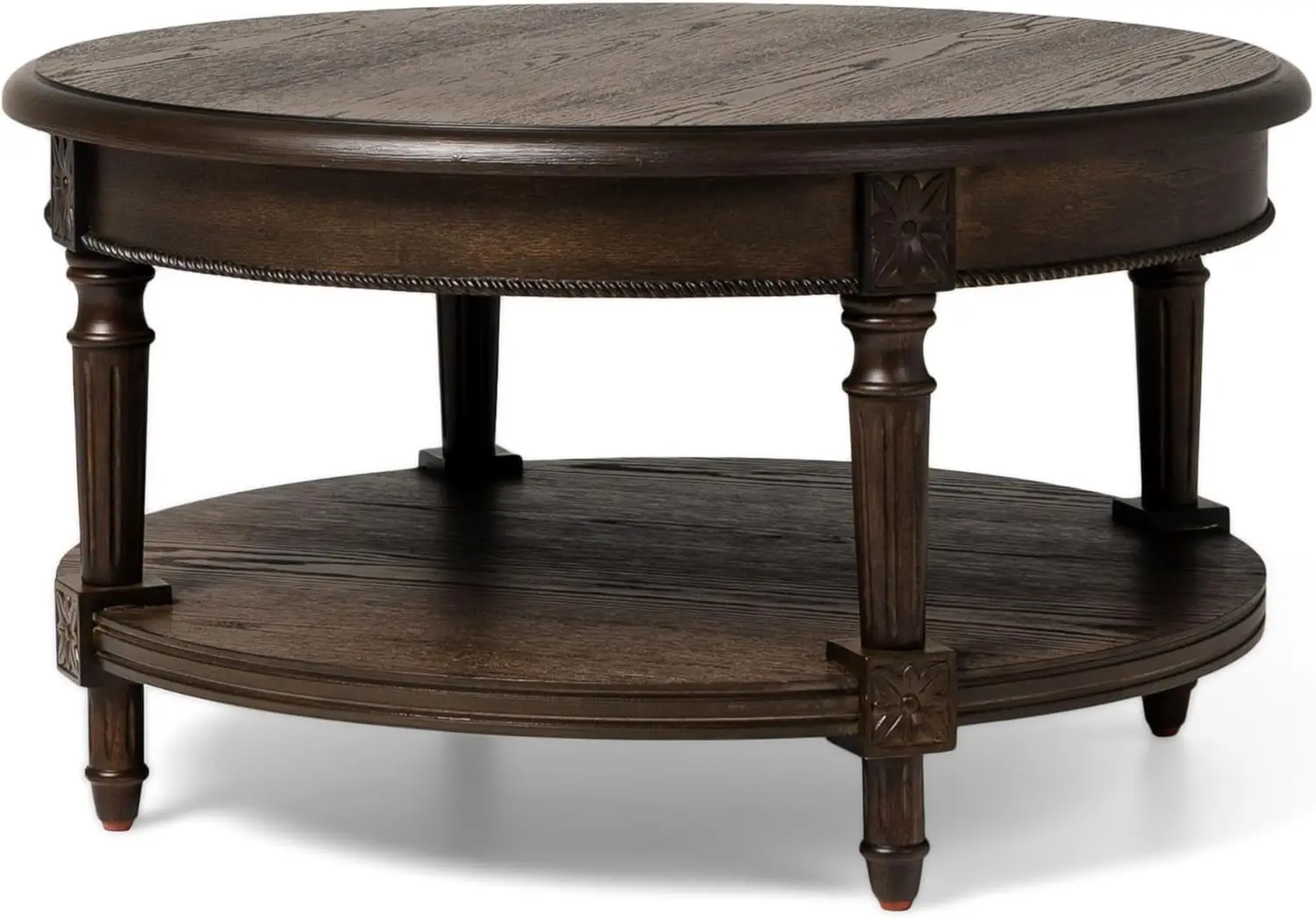 Maven Lane Pullman Large Curved 2 Tier Traditional Round Circle Wooden Center Coffee Table With Shelf Storage In Rustic