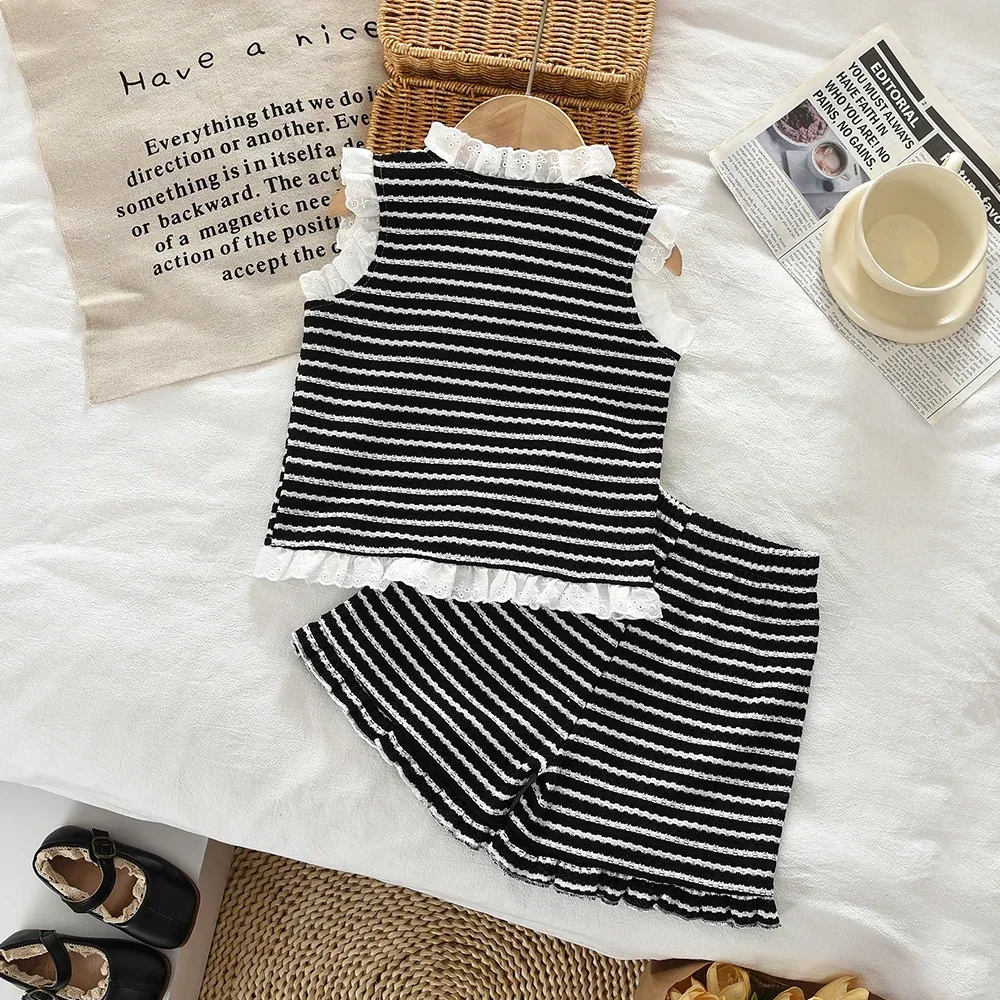 Summer New Black and White Stripe Set Wedding Party 3-7 Year Old Children's Lace Single Breasted Tank Top+Shorts Korean Fashion