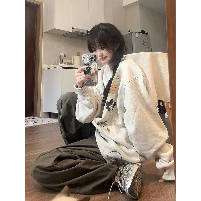 الرجعية الأمريكية الكرتون الكلب طباعة البلوز المرأة ربيع الخريف جولة جديدة Ne فضفاضة كسول Sle Jaet طويلة Sve Fce L...