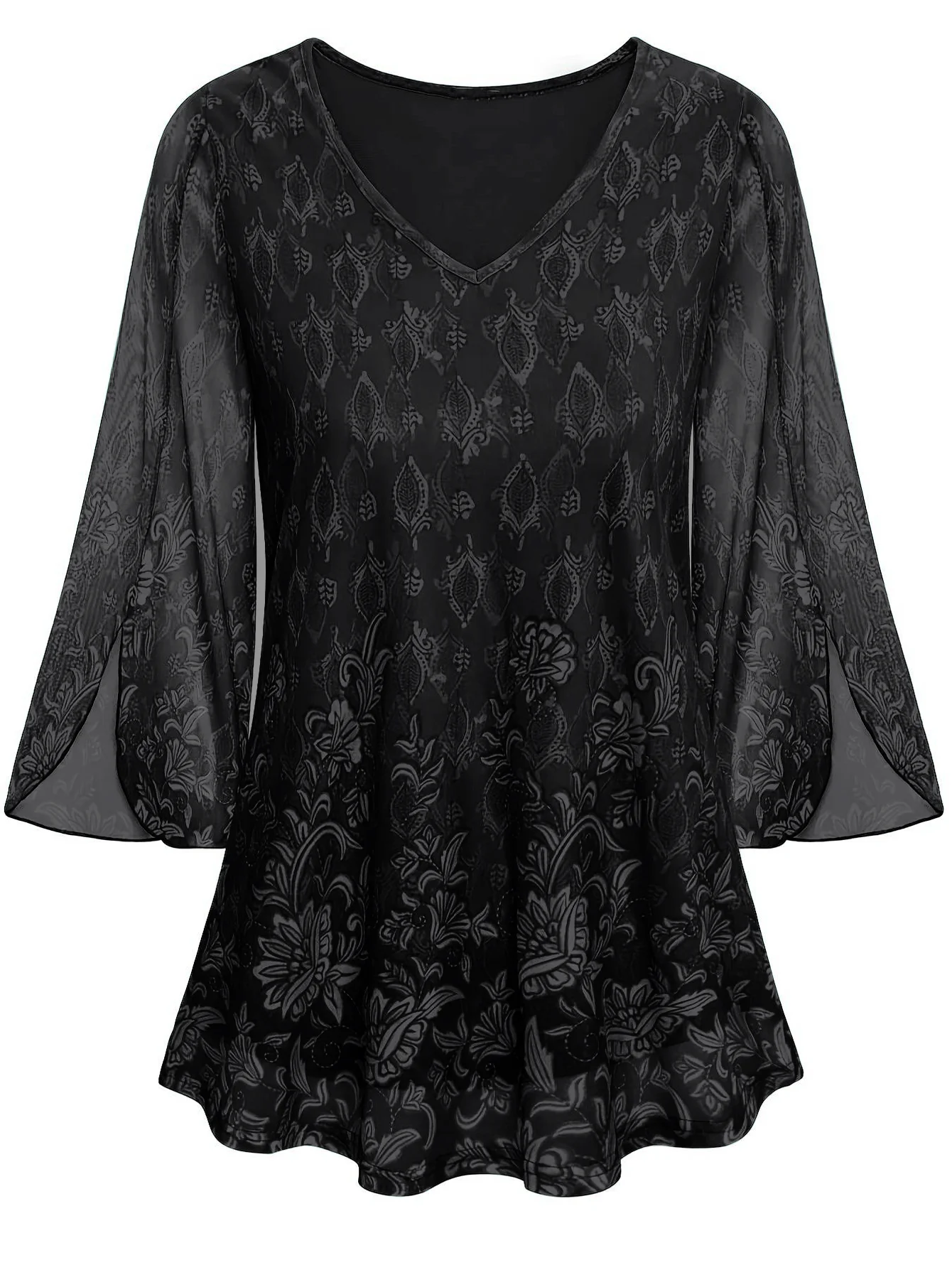 Blusa de talla grande, camisas, blusas de encaje para mujer, blusas de primavera 2025 de manga larga con cuello en V, camisa negra, verde y púrpura,