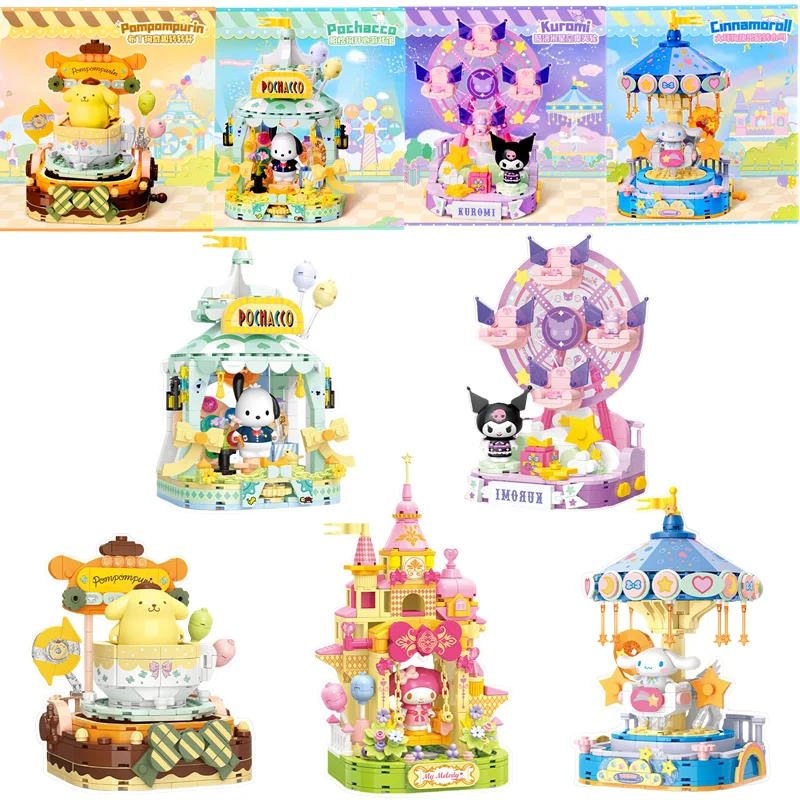 

Строительные блоки Sanrio Kuromi Cinnamoroll Pochacco My Melody, красочный парк развлечений, экшн-фигурка, сборная модель, игрушки, подарок для детей