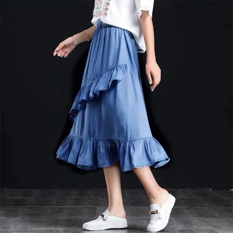 Летние женские джинсовые юбки с эластичной резинкой на талии, женские однотонные праздничные юбки с оборками, винтажные джинсовые юбки в консервативном стиле, Vestidos