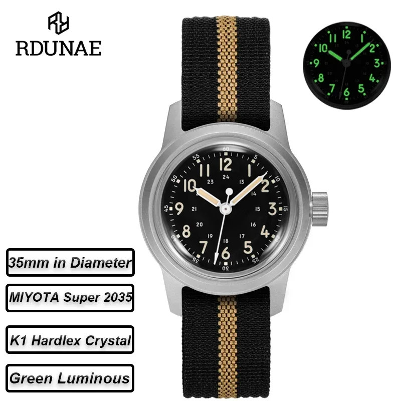 RDUNAE RA06 Vintage Quartz Watch MIYOTA Super 2035 Movement K1 Mineral Glass Stainless Steel Luminous Waterproof 35MM Watch