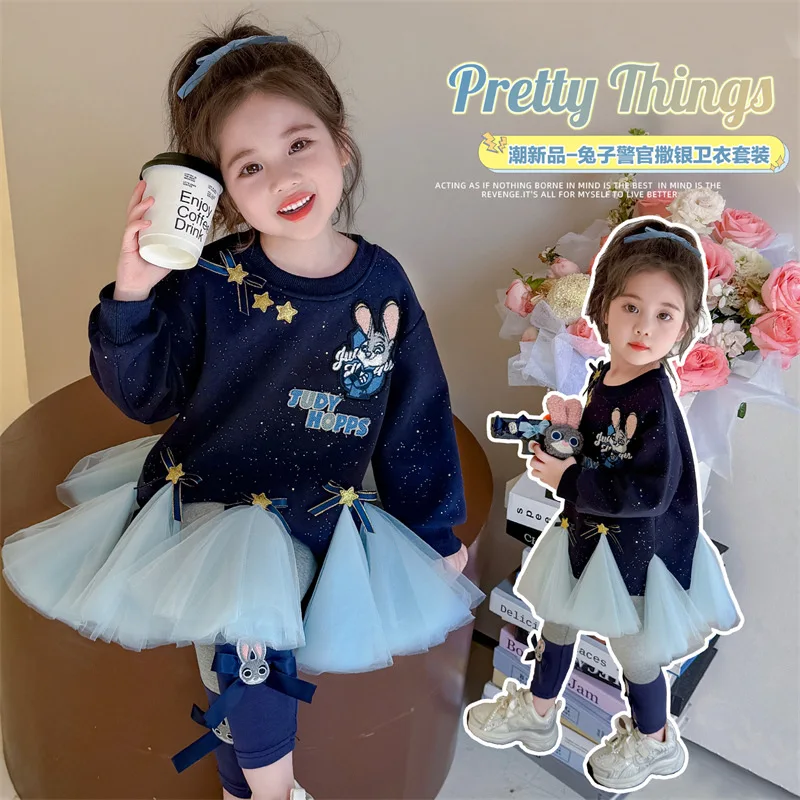 

2Pcs Cartoon Bunny Cop Sweatshirt Sports Suit Cute Children 2026 Disney Judy Hopps Net Yarn Tops Girls Pullover Leggings Suit