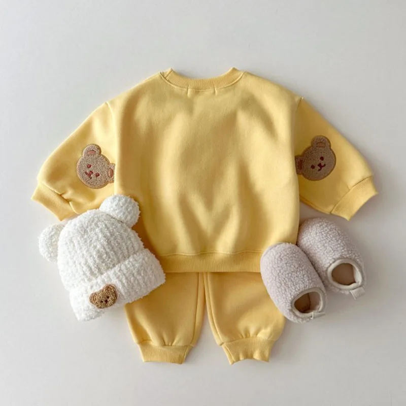 2024 New Kids Clothing Set Bear Embroidery Boys Sports Suit O-Neck Hoodie And Pants 2 Pcs Girls Clothes