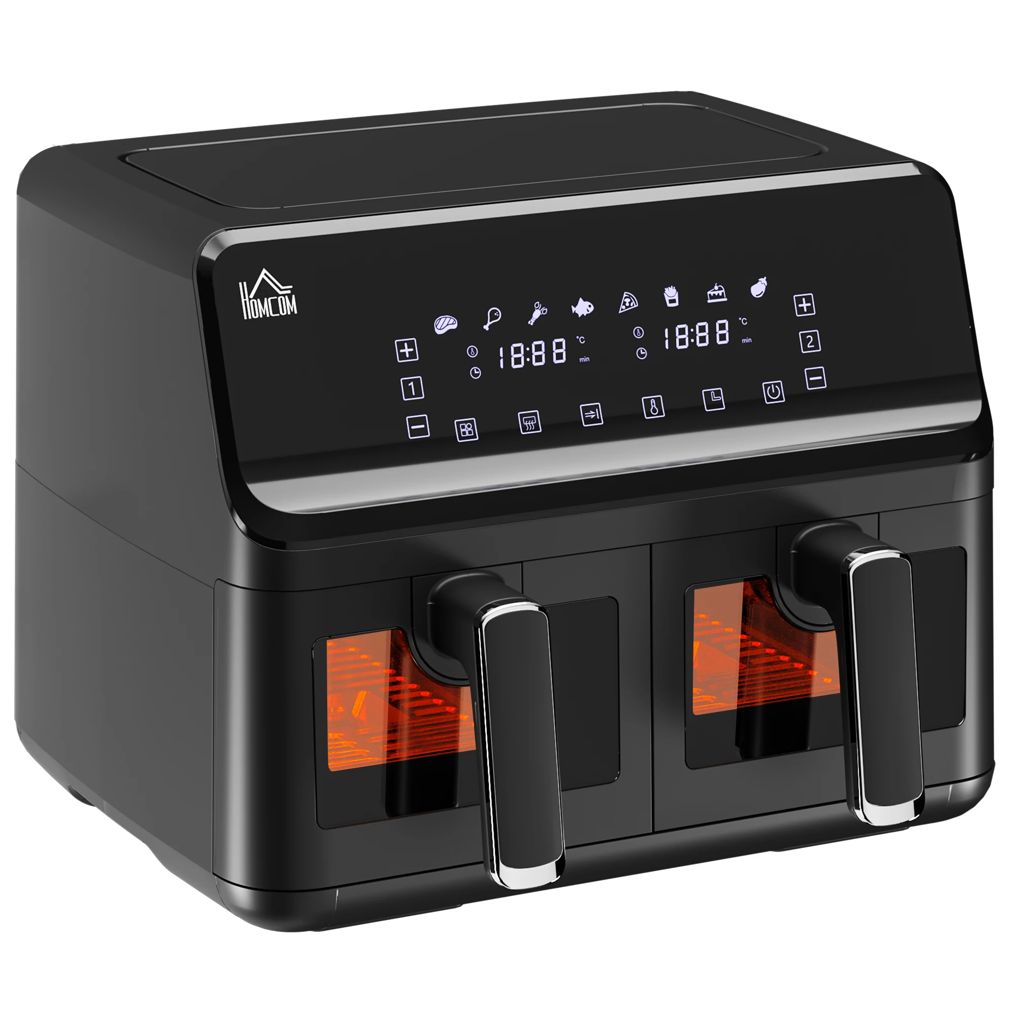 For HOMCOM Black Air Fryer 38.5x38x30.5 Cm 2 Independent Steel And PP Baskets With 8 Menus