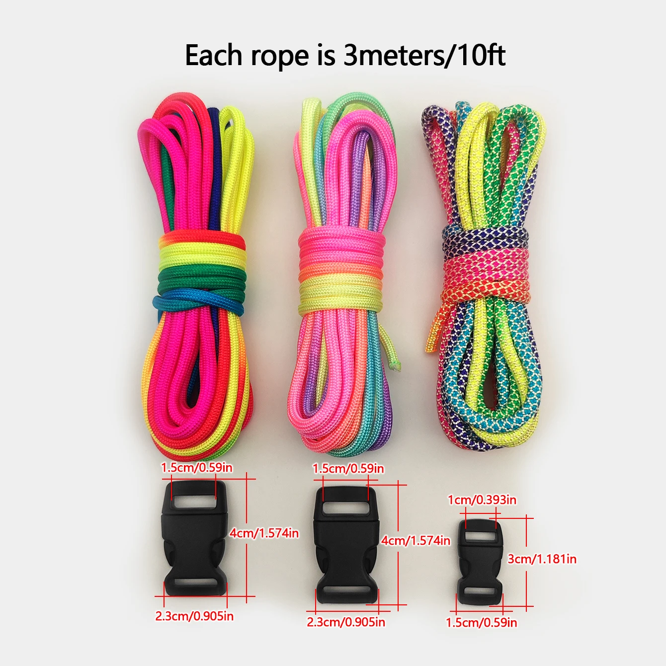 3 Pieces of 3m Rainbow Paracord with 3 Plastic Buckles Perfect for Outdoor Activities, DIY Projects, and Pet Accessories