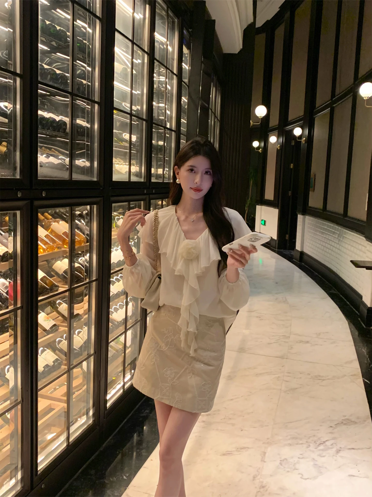 

Kun Total【Cool Mist】Long Sve Chiffon irt Женский элитный фонарь Sve Elegance Top New Faion Commute Sle Свободный крой