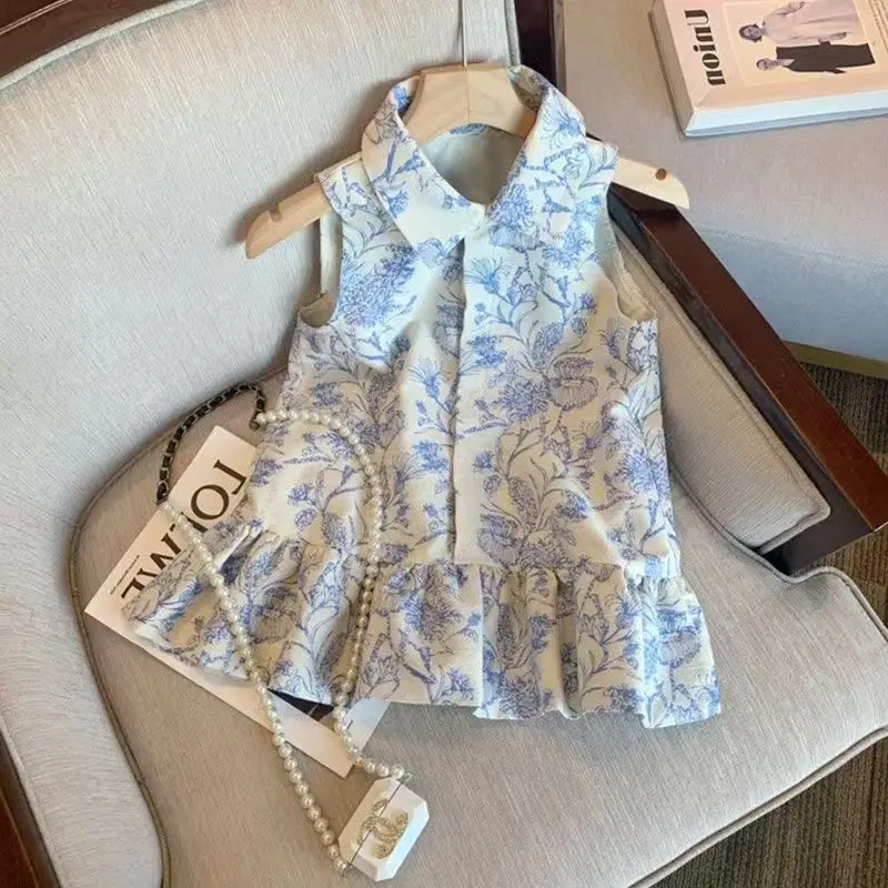 

New Chinese Style Printed Polo Collar Sleeveless Top For Girls' Summer High-end Temperament Off Shoulder Shirt Skirt