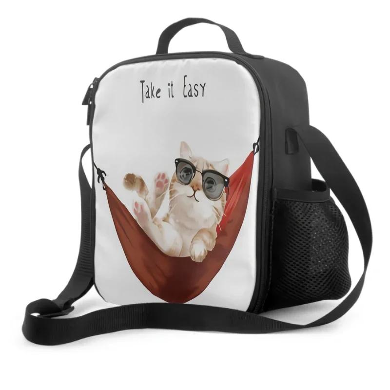 3D Take It Easy Slogan with Cute Cat in Sunglasses Relaxing in Red Hammock Insulated Lunch Box Cooler Bag for Work School Picnic