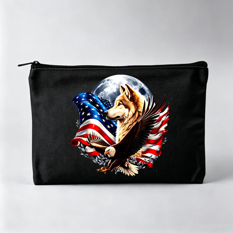 Women's Wolf and Eagle Graphic Makeup Bag with American Flag Print, Zipper Cosmetic Pouch for Daily Use