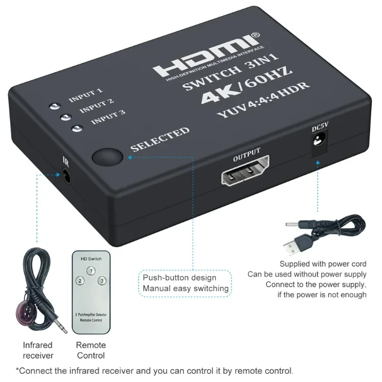 Interruptor HDMI 3 en 1, divisor de vídeo para ordenador portátil, PC, Xbox, PS3/4/5, TV Box para Monitor, adaptador de proyector de TV, 4K, 60Hz