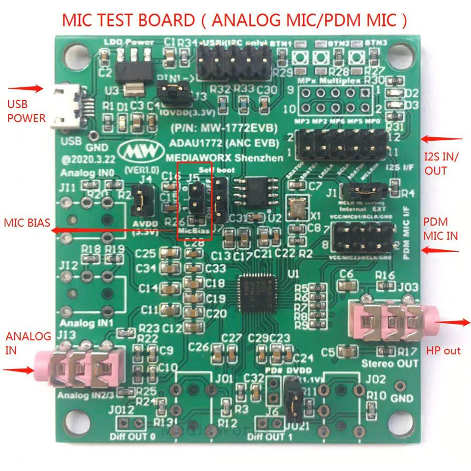 Scheda di sviluppo Nvarcher ADAU1772 ANC per cuffie con cancellazione attiva del rumore (ANC) MIC Test PDM a I2S