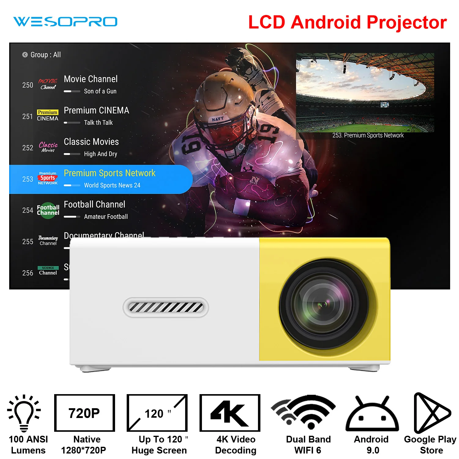 WESOPRO Android 9.0 4K Mini Projector WiFi6 Q3 Hisilicon Hi352 100ANSI BT5.0 1280*720P Dual Wifi Home Theater Outdoor Portable