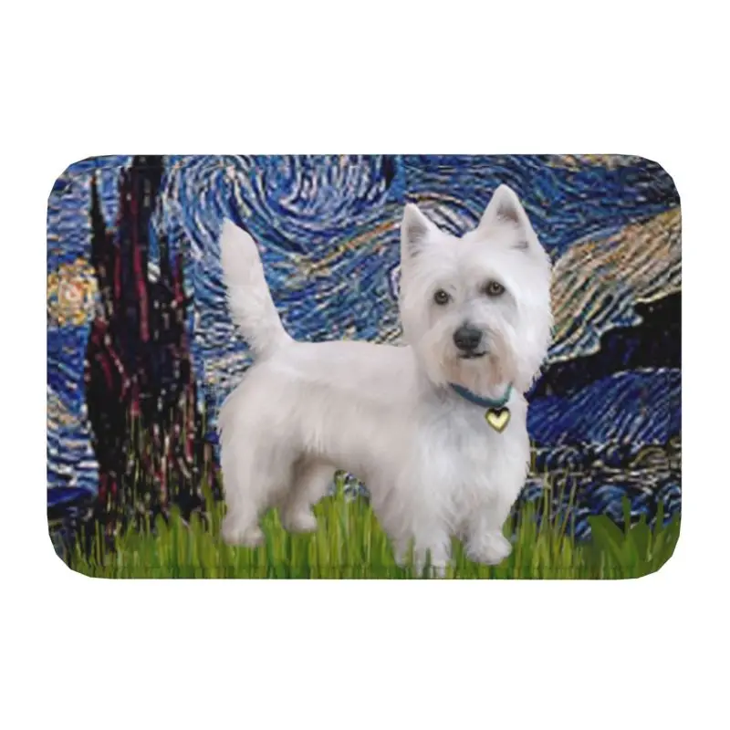 Starry Night West Highland Terrier Door Floor Kitchen Mats Anti-Slip Indoor Westie Dog Van Gogh Art Doormat Entrance Rug Carpet