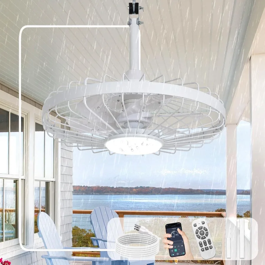 Outdoor Ceiling Fans with Lights: 20 Waterproof Plugin Ceiling Fan with Remote App Control Gazebo Caged Hanging Fan for Patios
