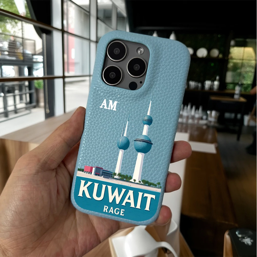 

Customized Name leather phone case for iphone 16 15 14 plus 13 12 11 pro max 16e cover Luxury funda Kuwait city landmarks cases
