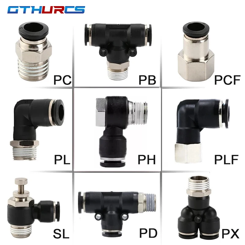 Pneumatic Air Connector Fitting PC/PCF/PB/PD/PH/PL/PLF/PX/SL 4mm 6mm 8/10mm Thread 1/8 1/4 3/8 1/2 Black Plastic Hose Fittings