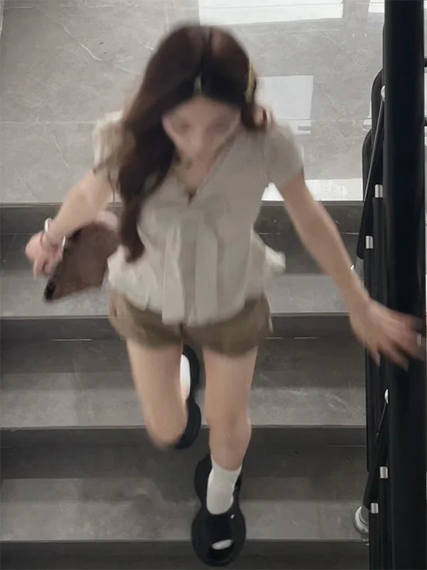 

Chic Summer Short Sleeve Shirt Women's Sweet Lace Trim Knot Top Slimming Striped Korean Style Commute Fashion