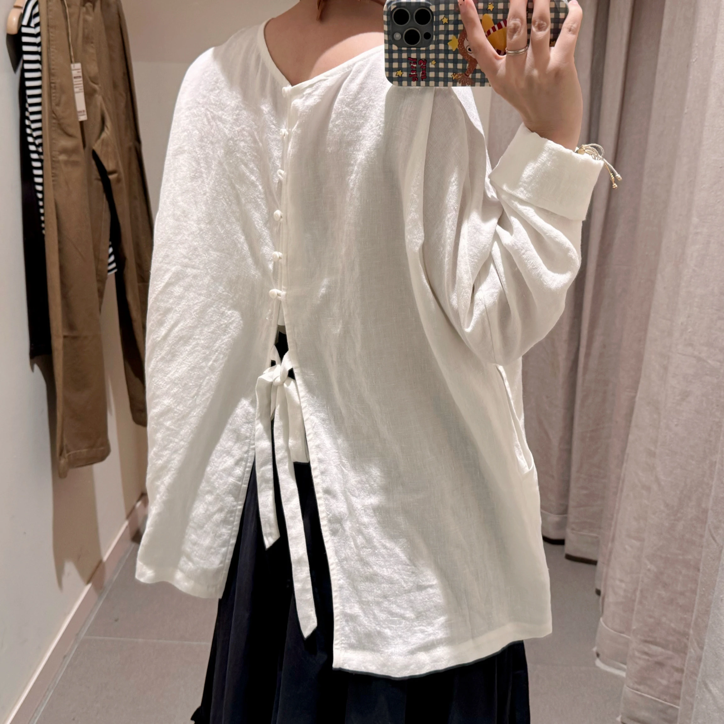 

Льняная рубашка свободного кроя с длинными рукавами и бретелями, приятная к коже, дышащая, женская, стандартной длины, с круглым вырезом