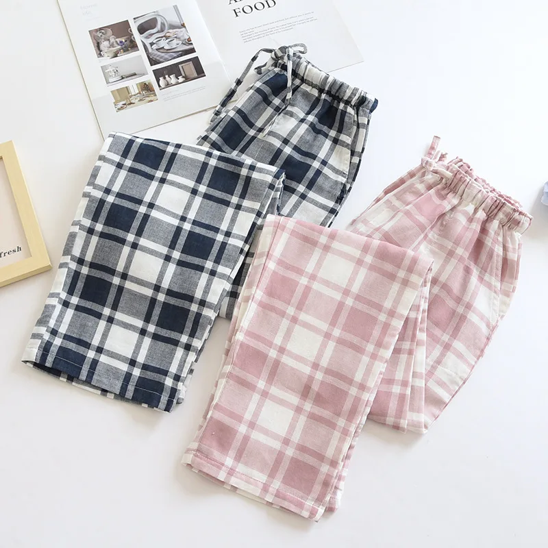 Couple Plaid Pants Cotton Long Trousers Casual Thin Home Pants Loose Drawstring Sleep Bottoms Women Pink Plaid Pajama Men Pants