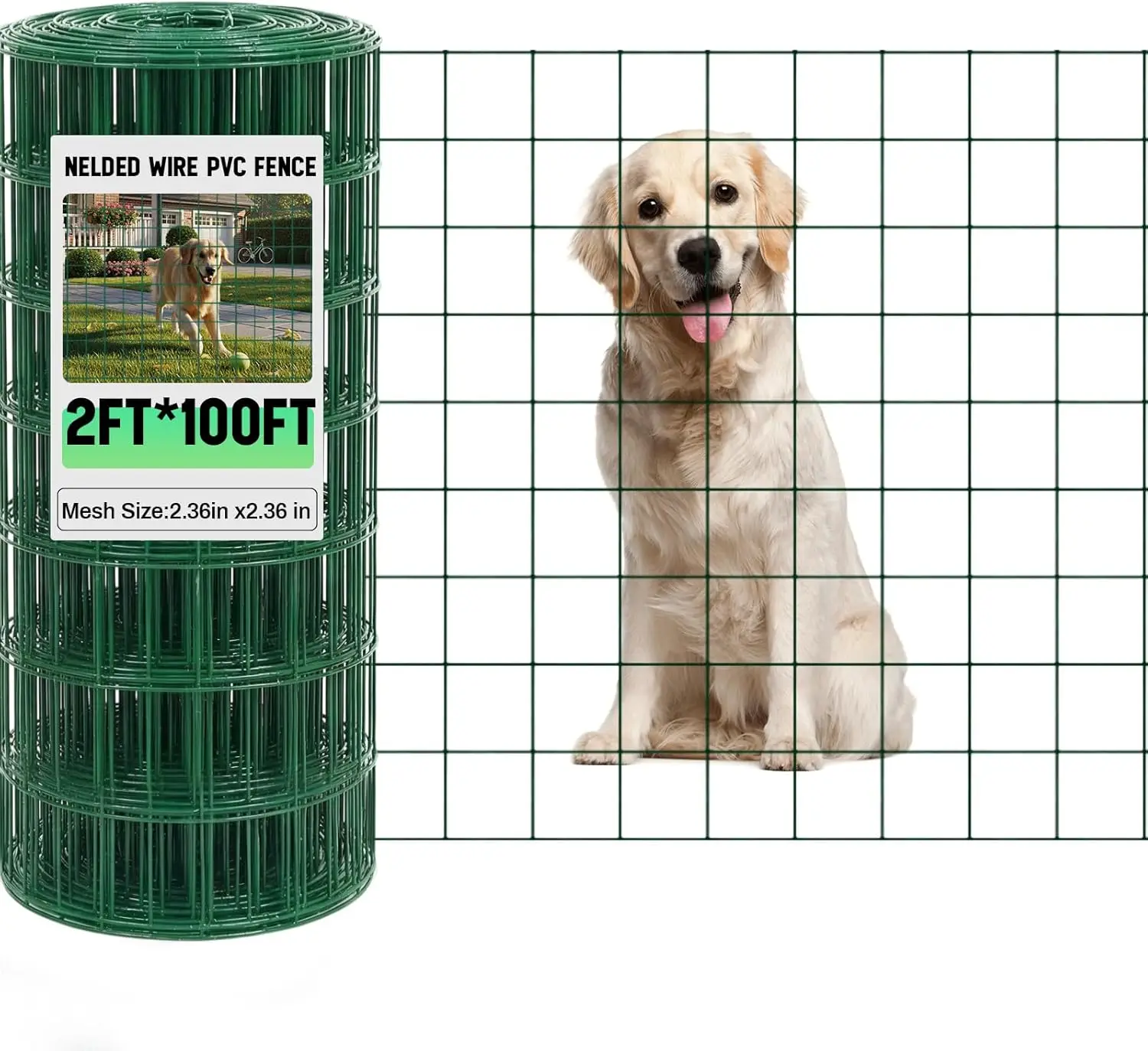 

Heavy Duty PVC Coated Welded Wire Fence 2ft x 100ft, 2.36" Mesh for Chicken Dog Yard Deer Cattle Animal Protection Green