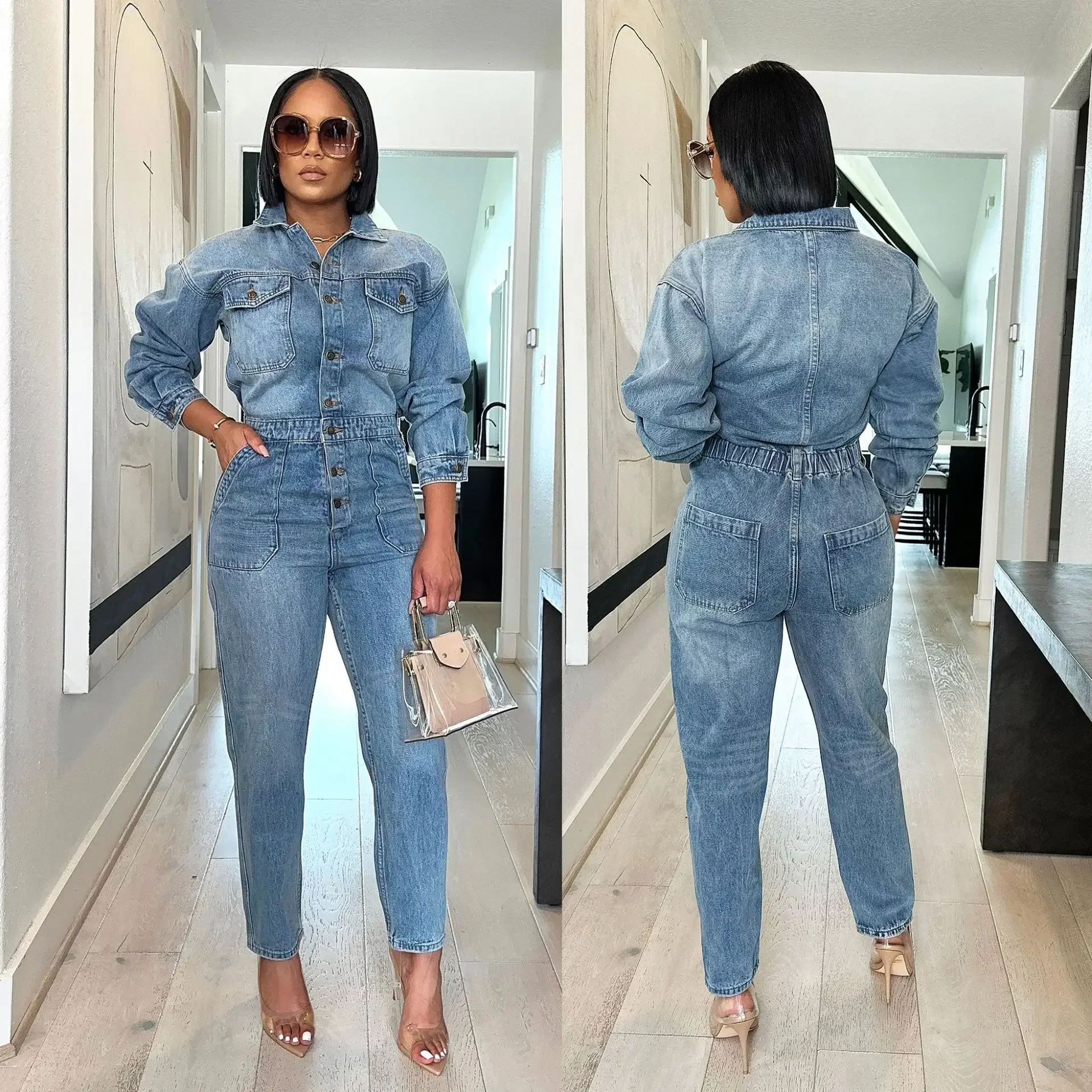 

Women Jeans Long Sleeve Single Breasted Overalls Ankle Length Pencil Pants Denim Pockets High Street Solid Button Jumpsuits