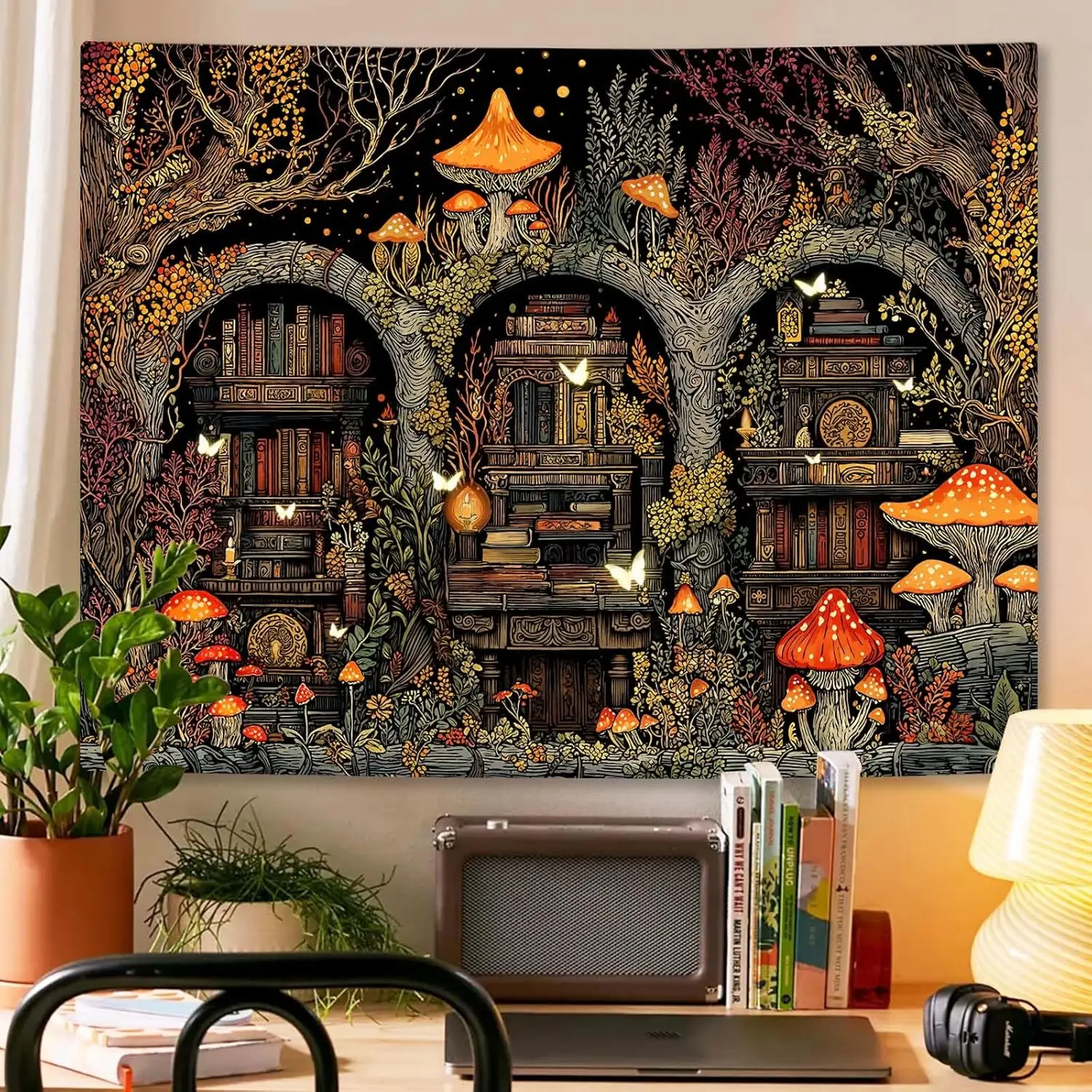 Tapisserie murale Bibliothèque Enchantée d'Automne, Étagère à Livres Champignon, Forêt Magique, Décoration Art Populaire pour Chambre et Dortoir