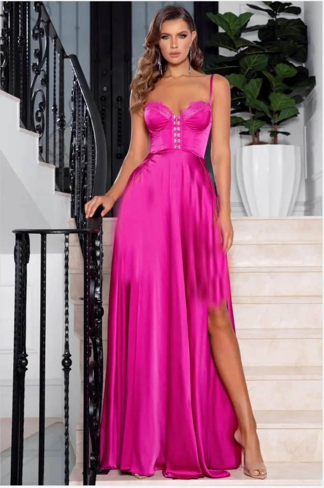 Vestidos de Noche de satén con tirantes finos, corte en A, con corsé, elegante vestido de fiesta plisado con abertura alta, vestido de cóctel