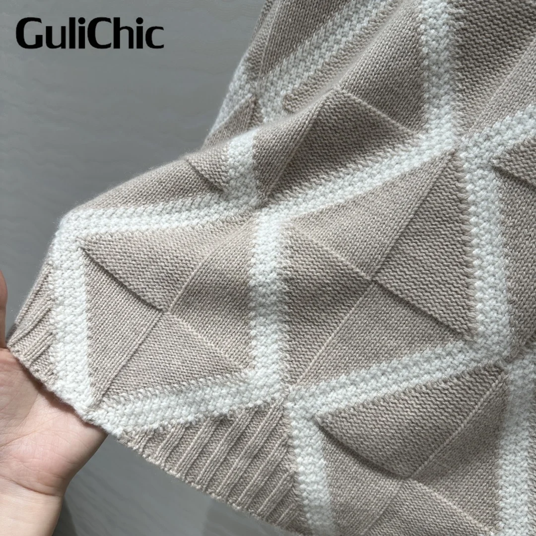 8.3 GuliChic High Qaulity 100% Cashmere Turtleneck Contrast Color Argyle Vintage Fashion Loose Comfortable Knit Sweater Women