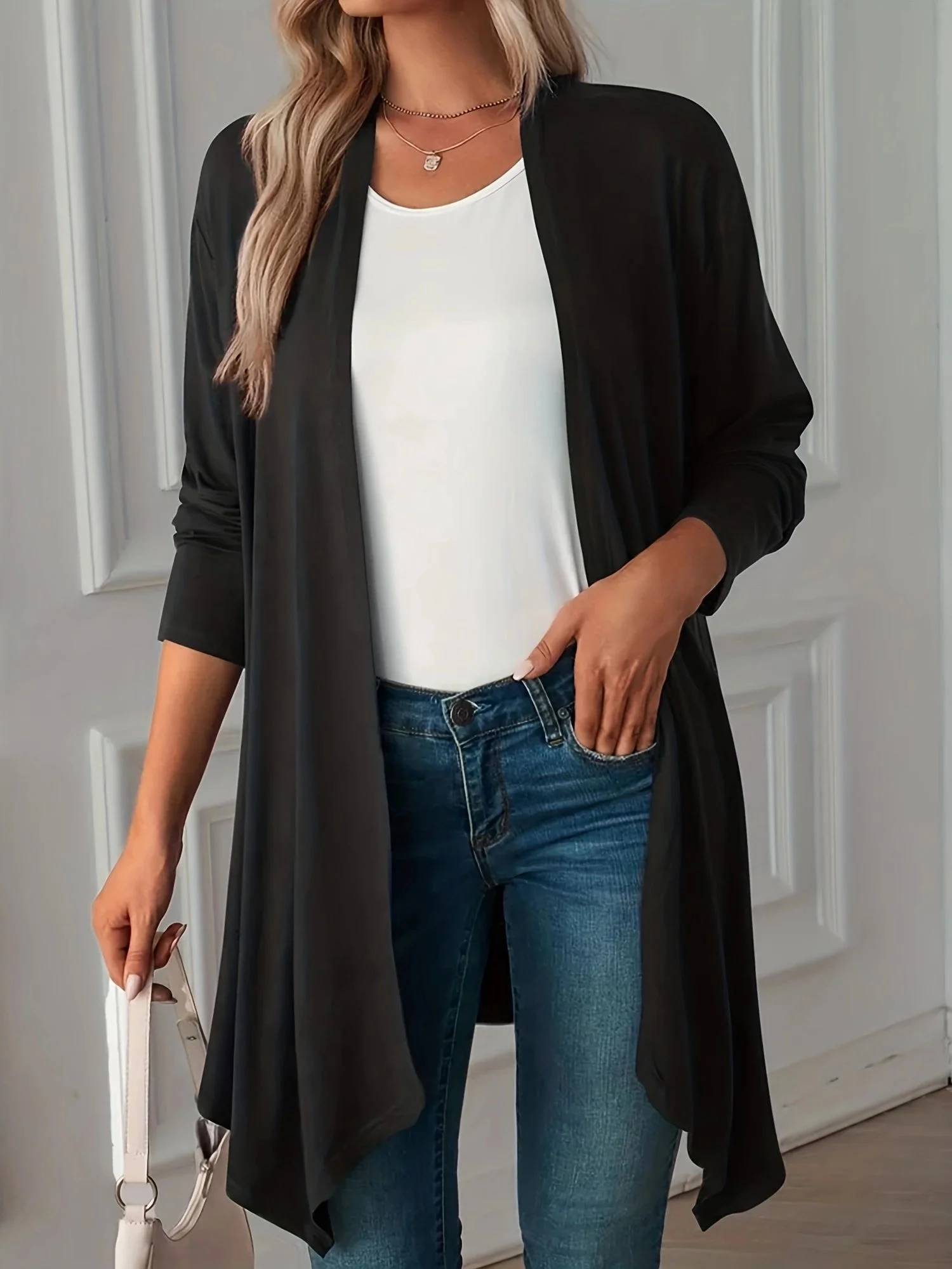 Spring Women\'s New Fashionable Temperament Plus Size Solid Color Long Sleeved Cardigan Long Top