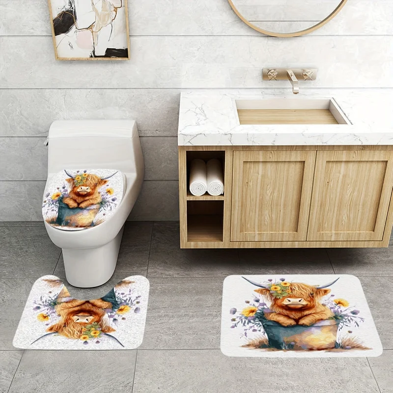 Badezimmer-SetEnsemble de Rideaux de Douche Highland Cow Rideau à Nakonilles, Thème Njtail, pastChev, Polyester,