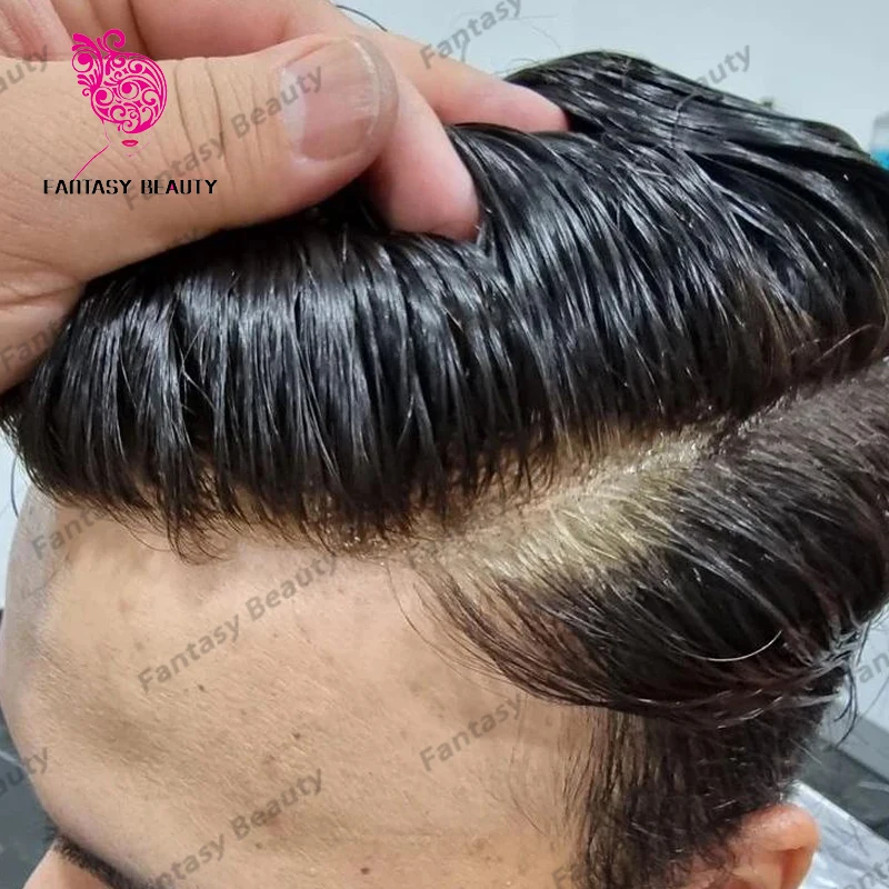 Linha fina natural 100% homens peruca de cabelo humano peruca capilar prótese durável injetado completo plutônio 0.1mm base de seda reta/onda peruca