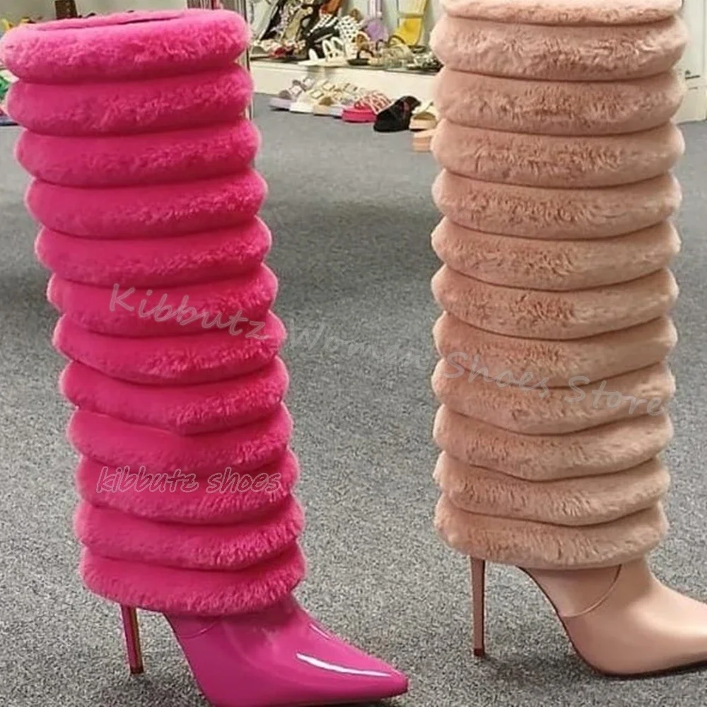 

Furry Knee High Boot Warm Winter Novelty Fashion Elegant Sexy Concise Genuine Leather Solid Color Slip-On Women Shoes New Pointy