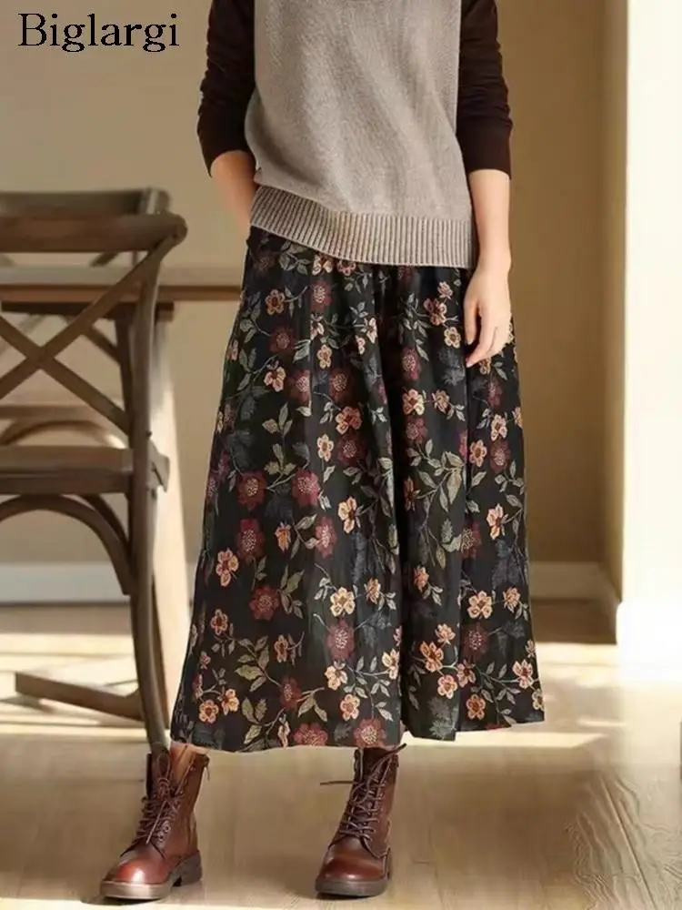 Autumn Floral Midi Skirt Women Modis Vintage Flower Print High Waist Ladies Skirts Casual Loose Ruffle Pleated Woman Skirt 2023