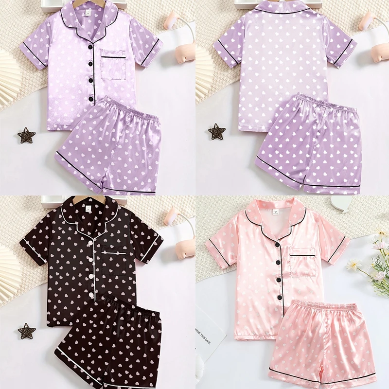 2pcs Kid Girls Pajamas Outfits Children Cute Heart Print Home Clothing Sets Sleepwear Spring/Summer Short Sleeved Top And Shorts