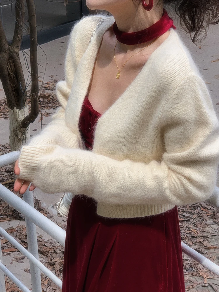 

Yuan ng Hong Kong Sle Retro Red ort Knitted Open Cardigan with Susps Women's Faion Autumn Winter V-Ne Long Sve