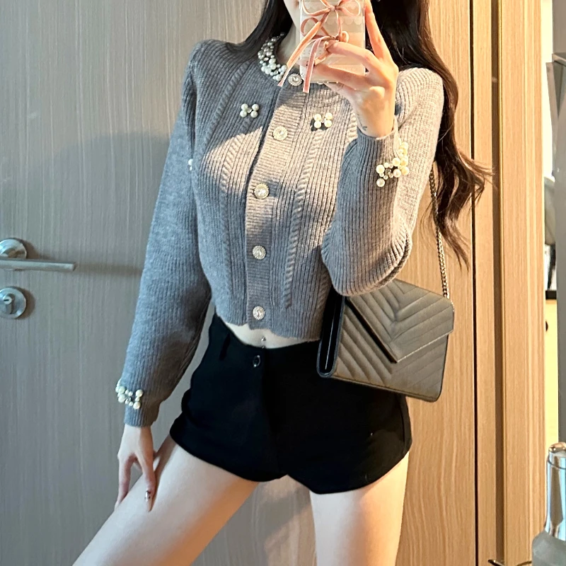 Vintage O-neck Pearl Beading Sweet Long-sleeved Cardigan Women 2024 Autumn New High Street Single-breasted Casual Knitted Tops