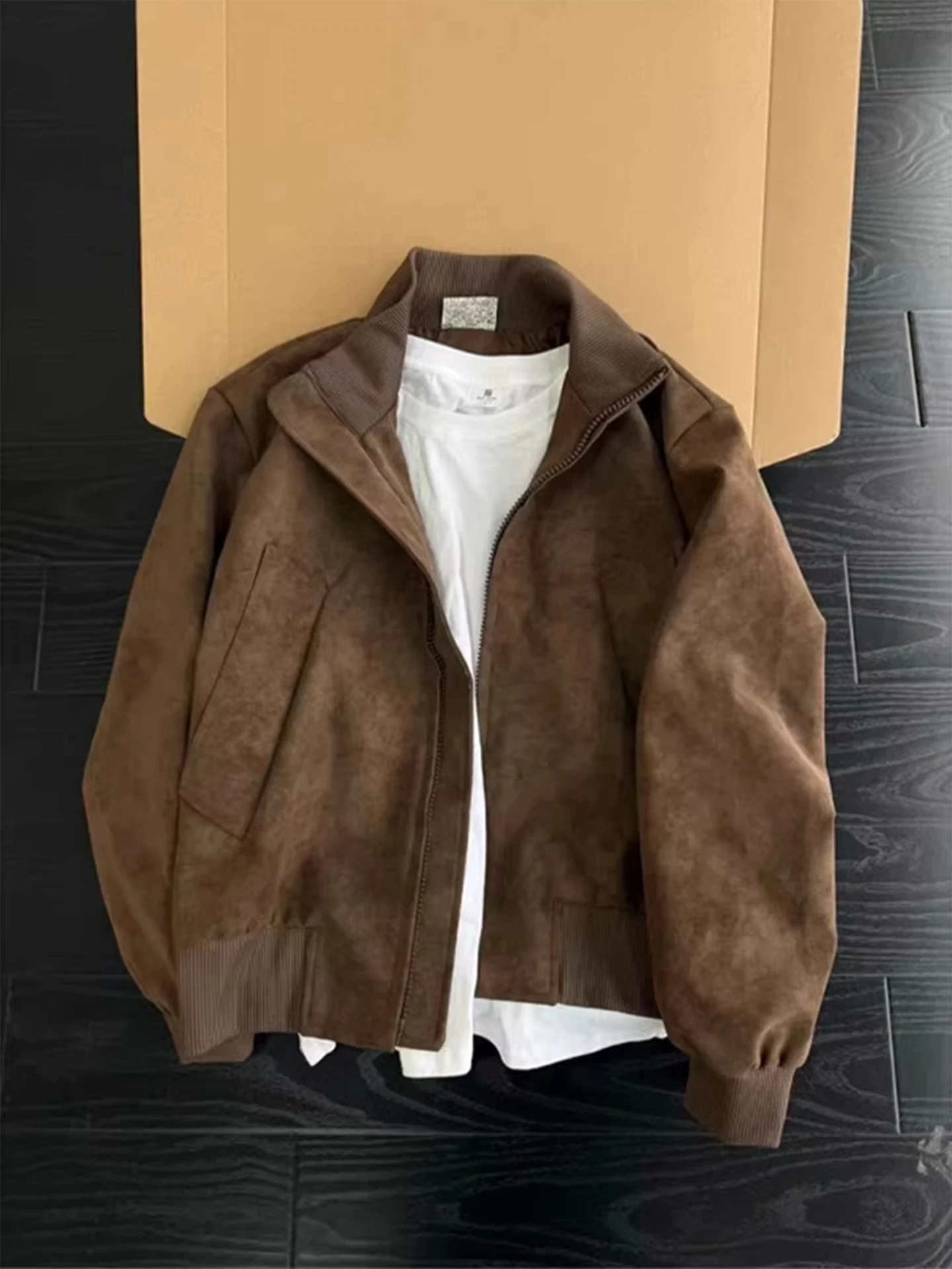 

Cé Brown Dyed PU Leather Flight Jaet Men's ort Sle Stand Collar American Sle Baseball Coat Bomber Leather Jaet