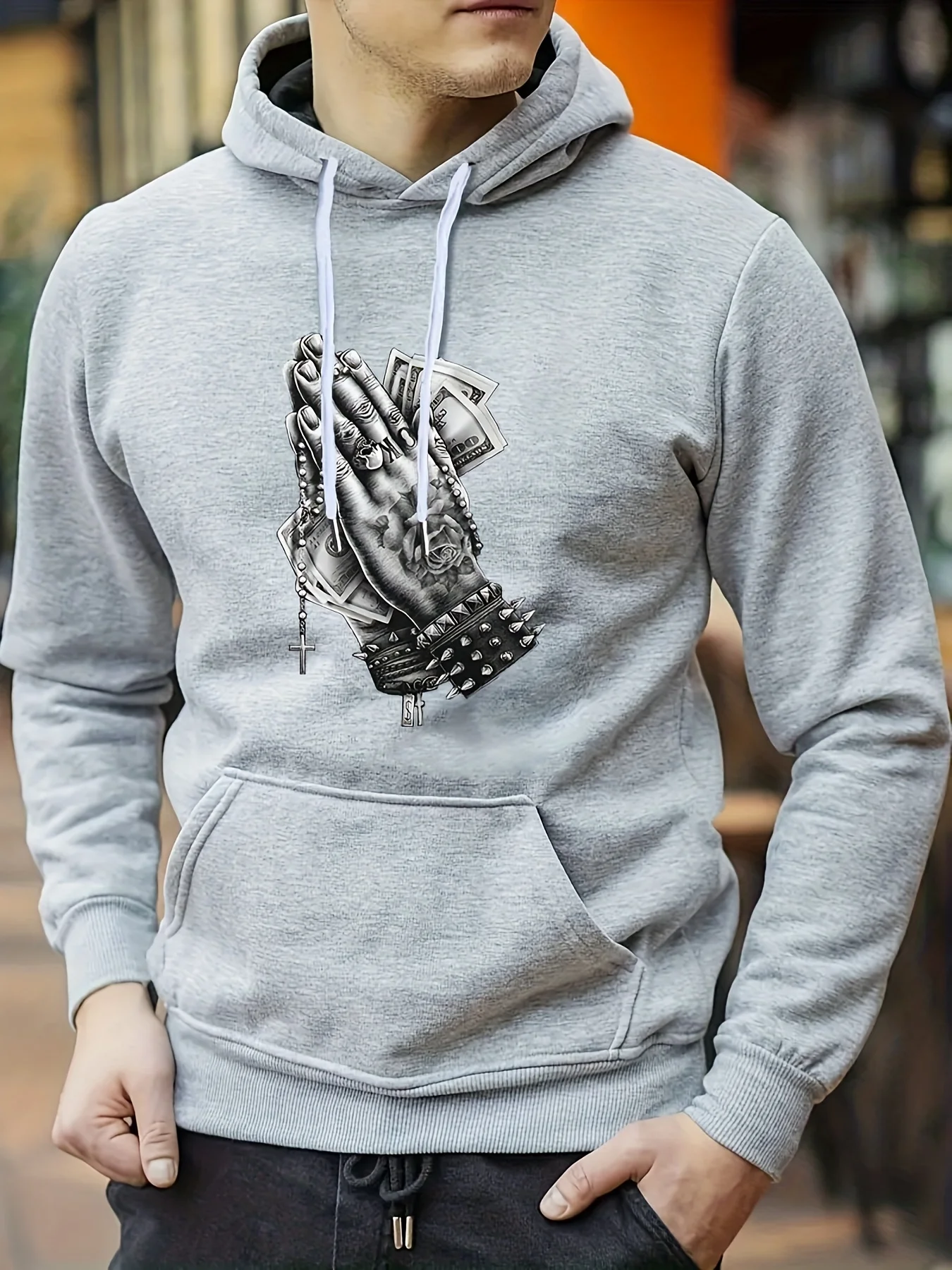 

Men's Casual Pullover Hooded Sweatshirt With Kangaroo Pocket Streetwear For Winter Fall, As Gifts Praying Hands Print Hoodie