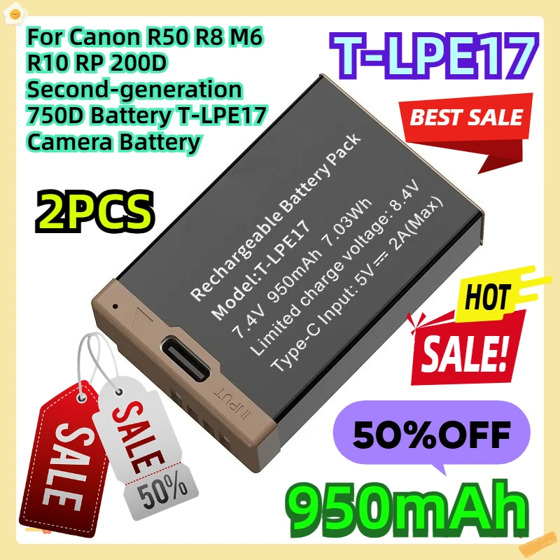 

For Canon R50 R8 M6 R10 RP 200D Second-generation 750D Battery 950mAh T-LPE17 Camera Battery 2pcs