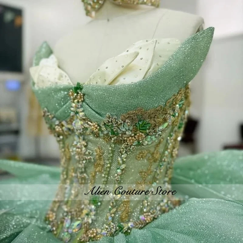 

Customized Shiny Mint Green Quinceanera Dresses Off the Shoulder applique Long tail 3D flower Vestido 15 Quinceanera