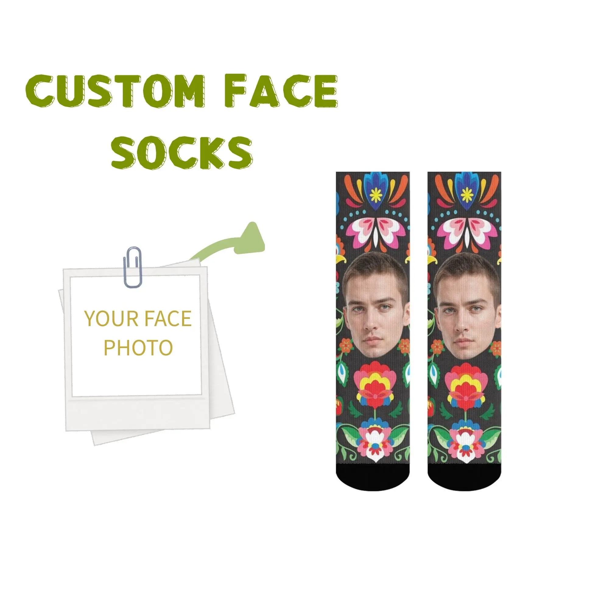 

Custom Mexican Inspire Ethic Folk Floral Face Socks Black Background Unique Gift for Traditional Art Enthusiasts Friends