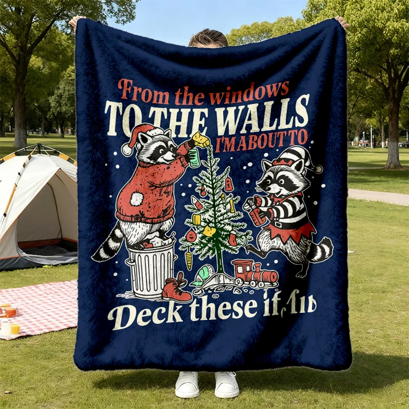 Retro Deck These Halls Flannel Blanket, Raccoon Christmas Throw, Womens Holiday Party Gift